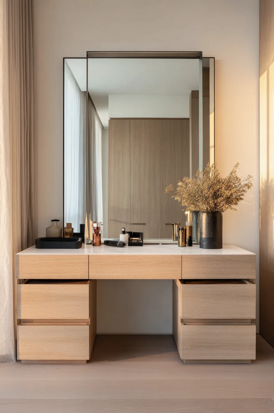 A minimalist light wood vanity desk with three handleless drawers on each side. The top is a solid White surface holding a black vase with dried botanicals, a black tray, and minimalist makeup containers. A large, frameless rectangular mirror rests against the wall behind the desk.