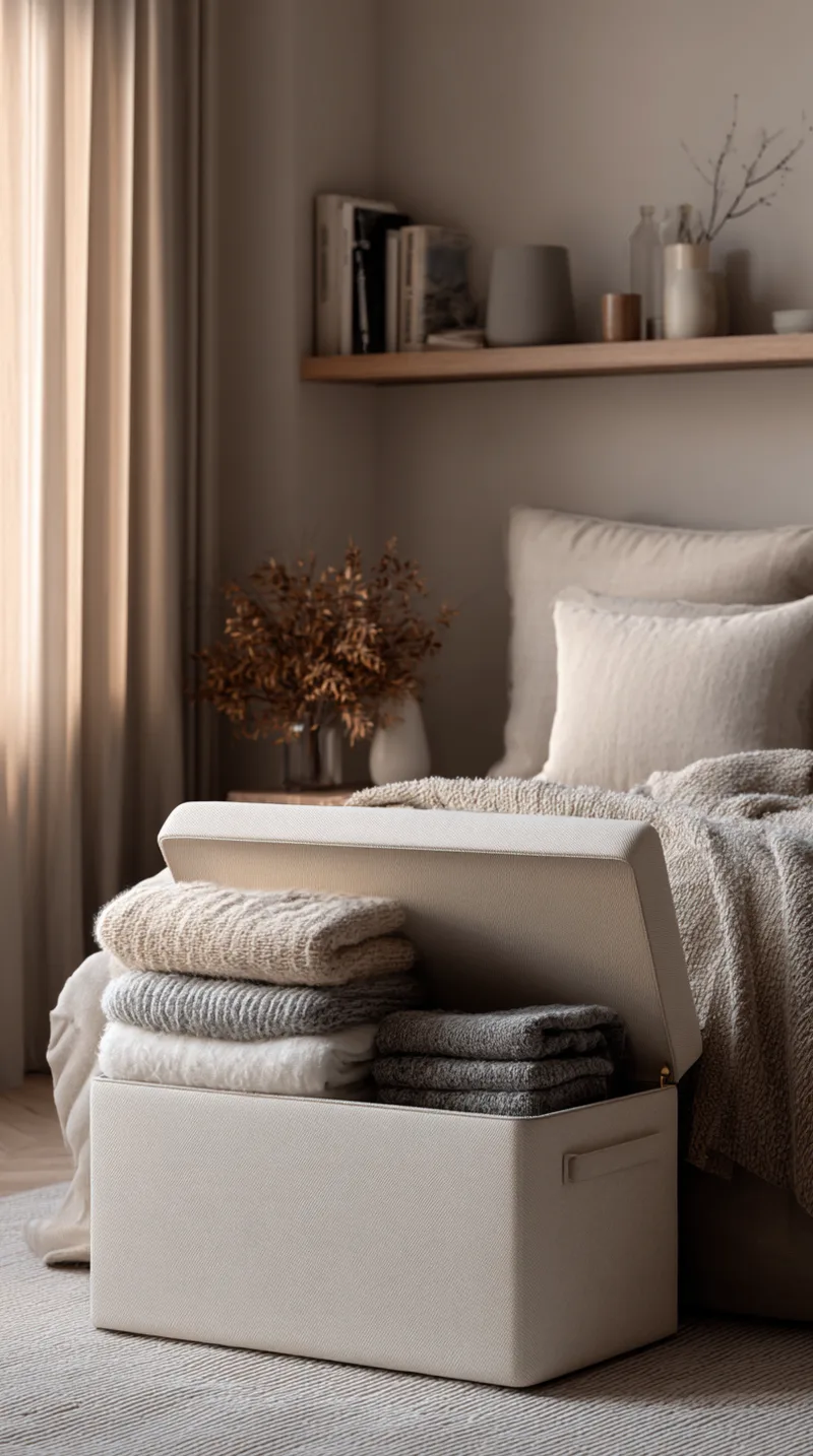 Fabric storage ottoman at the foot of a bed opened to reveal folded blankets and linens.