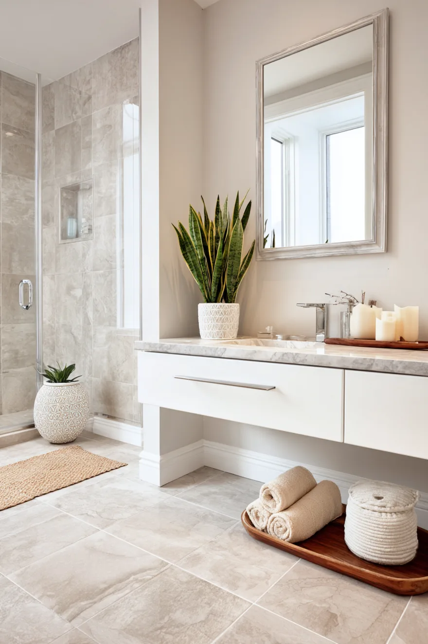 A serene bathroom space showcasing neutral taupe floor tiles, light walls, and a minimalist white vanity under soft lighting.