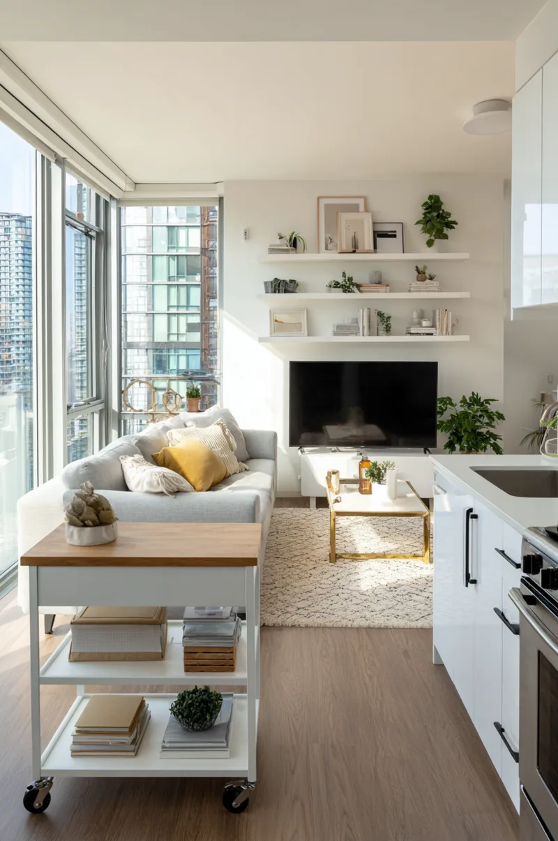Bright city open kitchen and living room apartment with floor-to-ceiling windows and efficient white cabinetry.