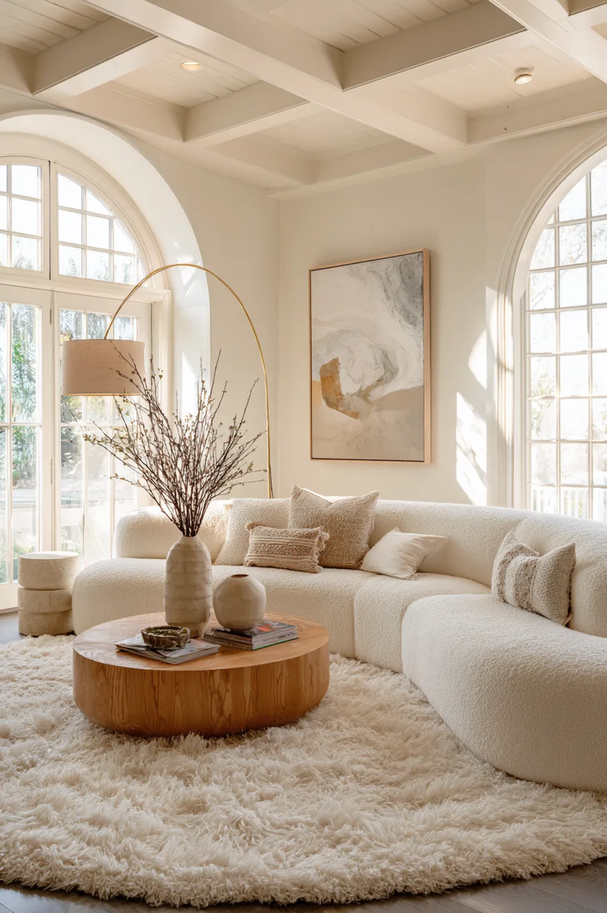 A large round white plush rug placed under a curved white boucle sofa and a circular wooden coffee table in a sunlit living room.