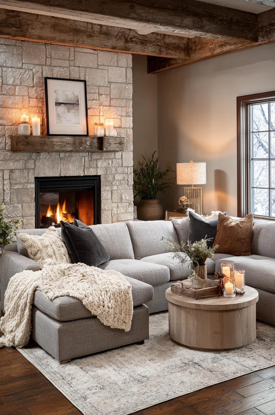 A cozy living room featuring a light grey sectional sofa and a chunky knit blanket positioned in front of a rustic stone fireplace with a glowing fire and a round wood coffee table.