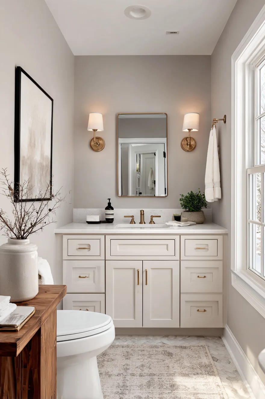 A bathroom featuring soft greige walls, a white vanity with brass hardware, a gold framed mirror flanked by two sconces, and a rustic wood side table.