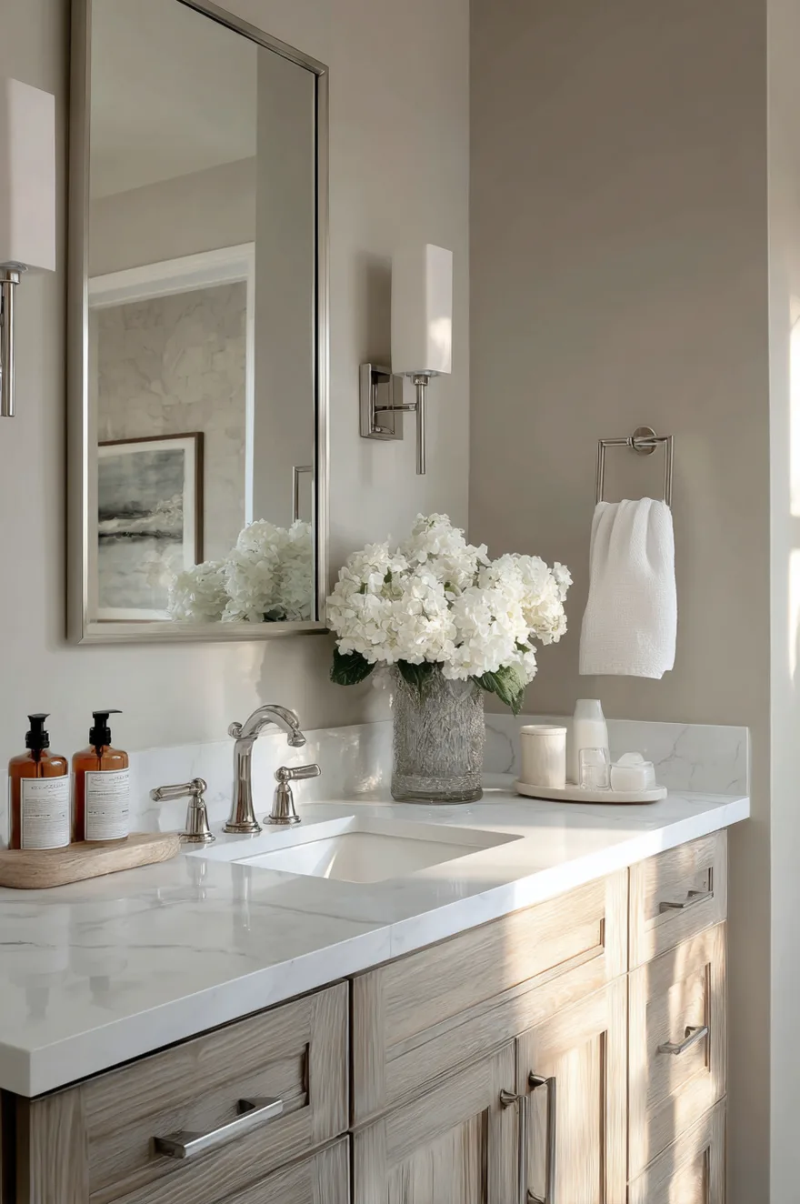 A close view of a bathroom vanity with a white marble countertop, light wood cabinets, silver hardware, a vase of white hydrangeas, and soft greige painted walls.