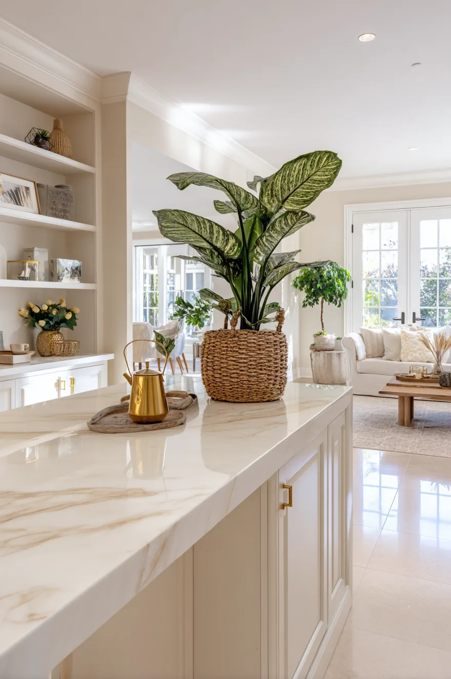 A bright kitchen area featuring a marble peninsula counter with gold hardware and a large potted plant, looking toward a living room with French doors.