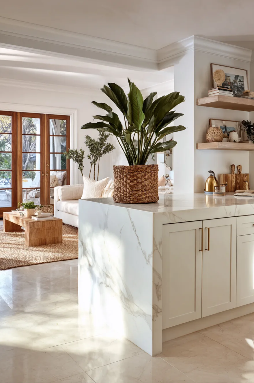 A bright kitchen peninsula with a white marble countertop and cream cabinets featuring gold hardware. A large green plant in a woven basket sits on the counter, with a view into a sunny living room with a white sofa, a light wood coffee table, and wood framed glass doors.