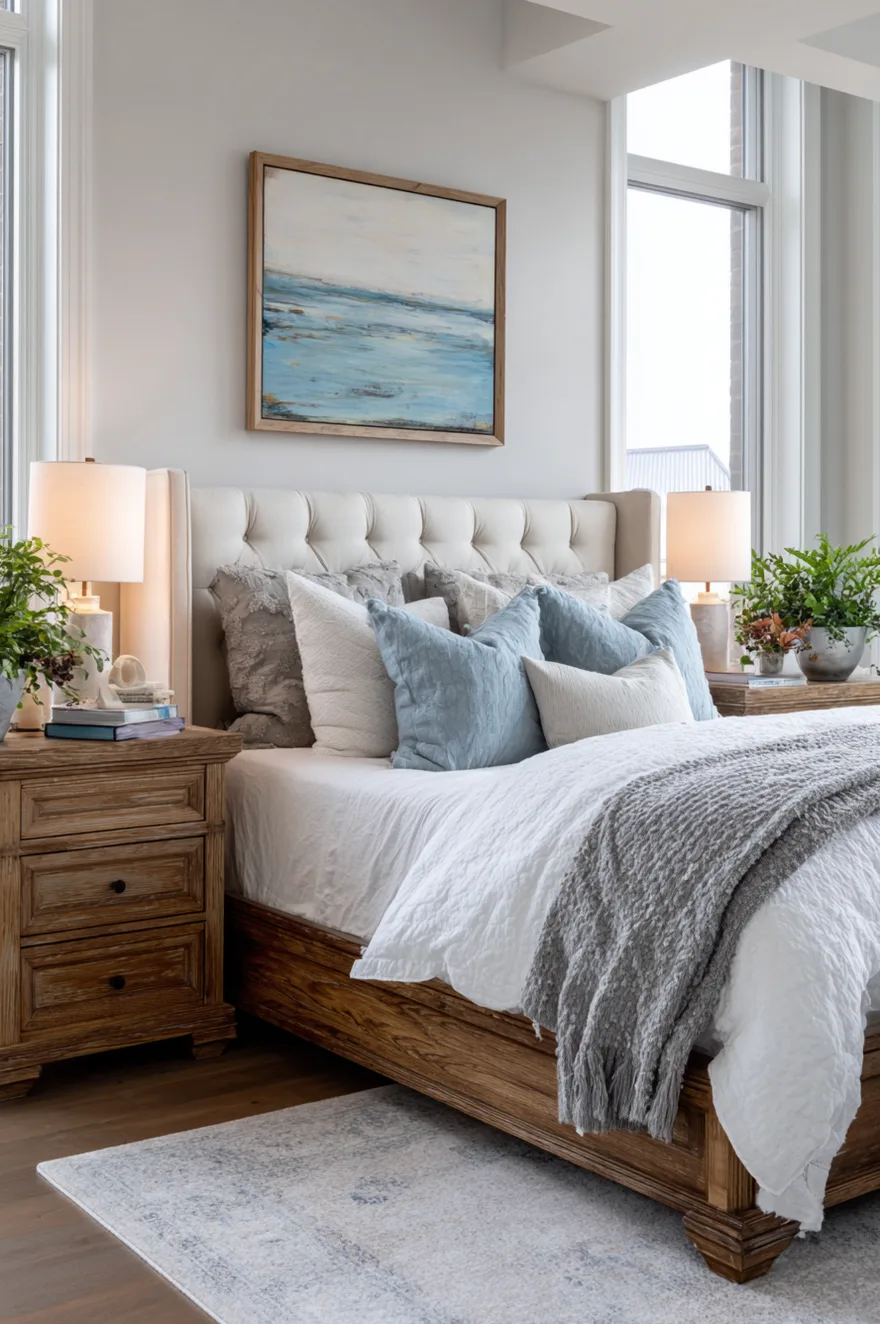 Symmetrical master bedroom layout with matching wooden nightstands and identical lamps flanking a tufted bed.