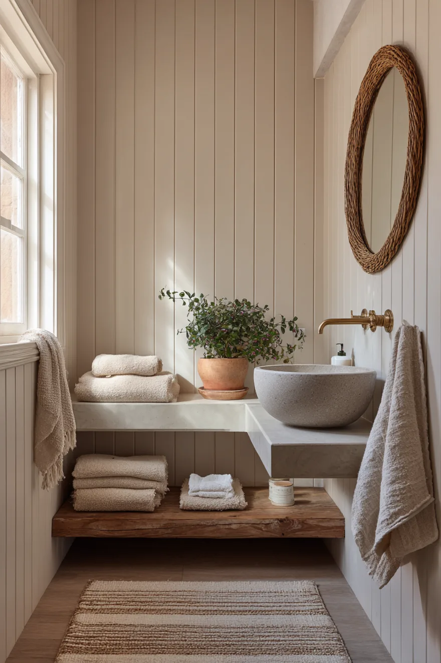 Vertical shiplap paneling painted warm beige with a round rattan mirror, concrete basin on a wood shelf, jute bath mat, and a trailing plant in a terracotta pot.