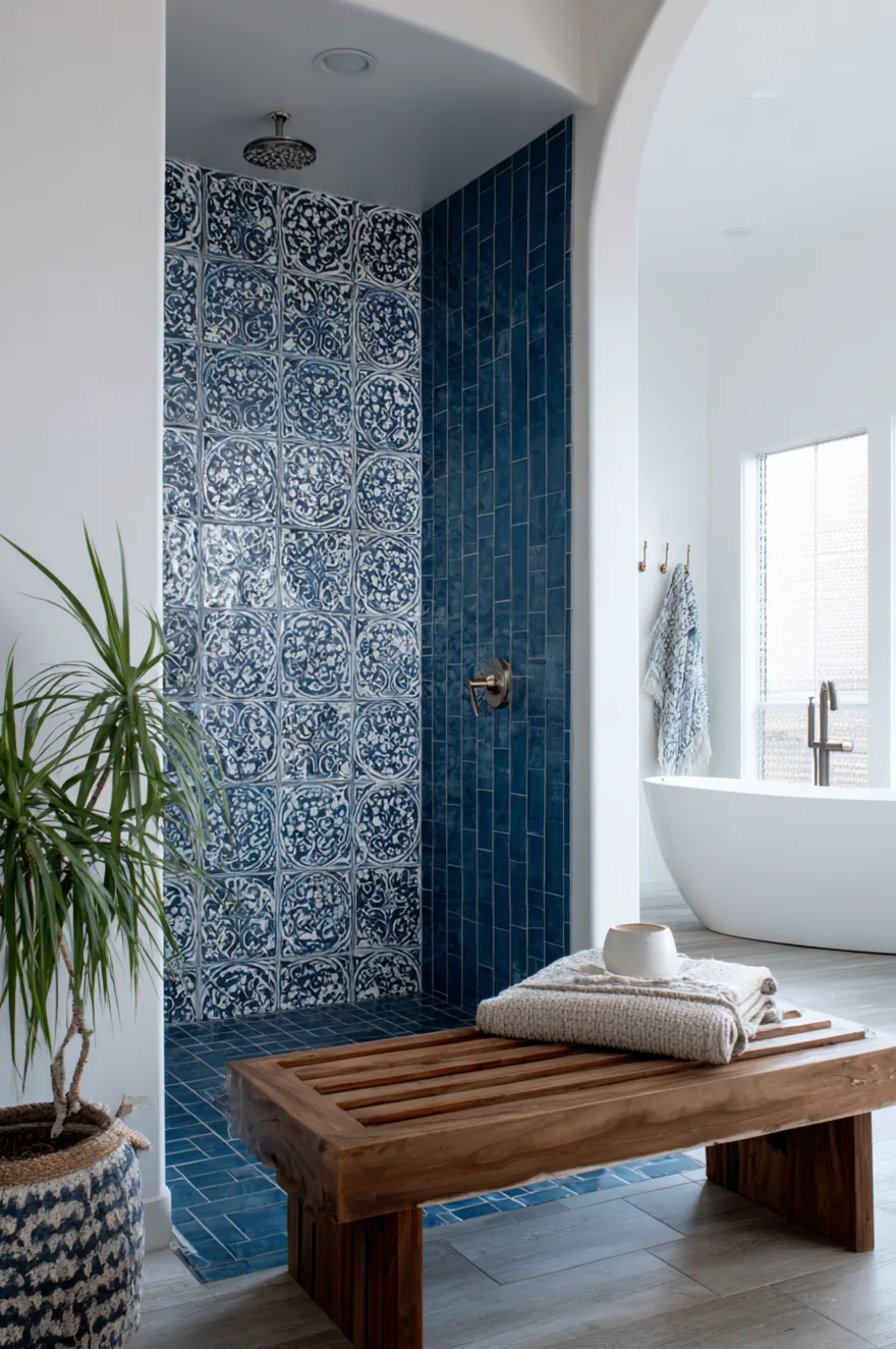 Blue tile accent shower with cobalt and ocean-blue zellige back wall, white plaster on remaining walls, and teak fold-down bench inside.