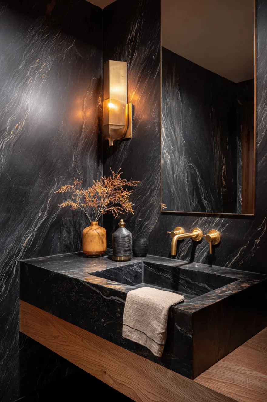 Nero marquina black marble slabs floor to ceiling with strong white veining in a powder room with a brushed gold faucet and a single brass wall sconce at face height.