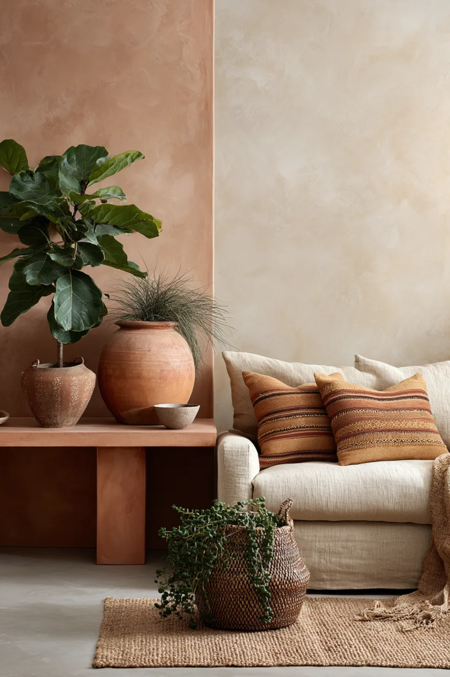 Low terracotta-finished console surrounded by trailing pothos and a fiddle leaf fig in a large terracotta pot against a limewash sage wall with a jute rug and ochre linen cushions.