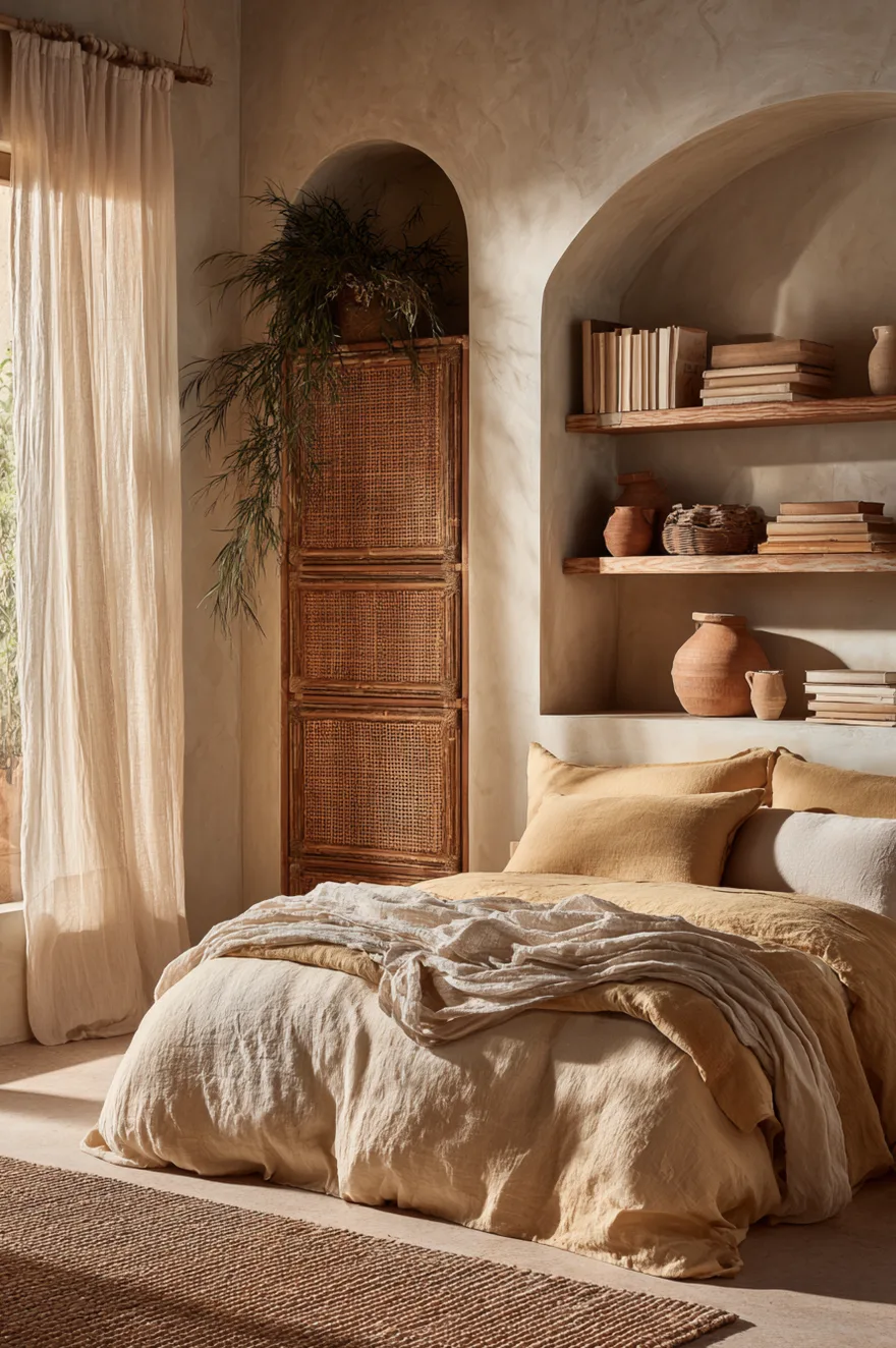Open rattan-wrapped bedroom shelves on a plaster wall holding cream and terracotta ceramics, linen-spined books, and a trailing plant in a handmade clay pot.
