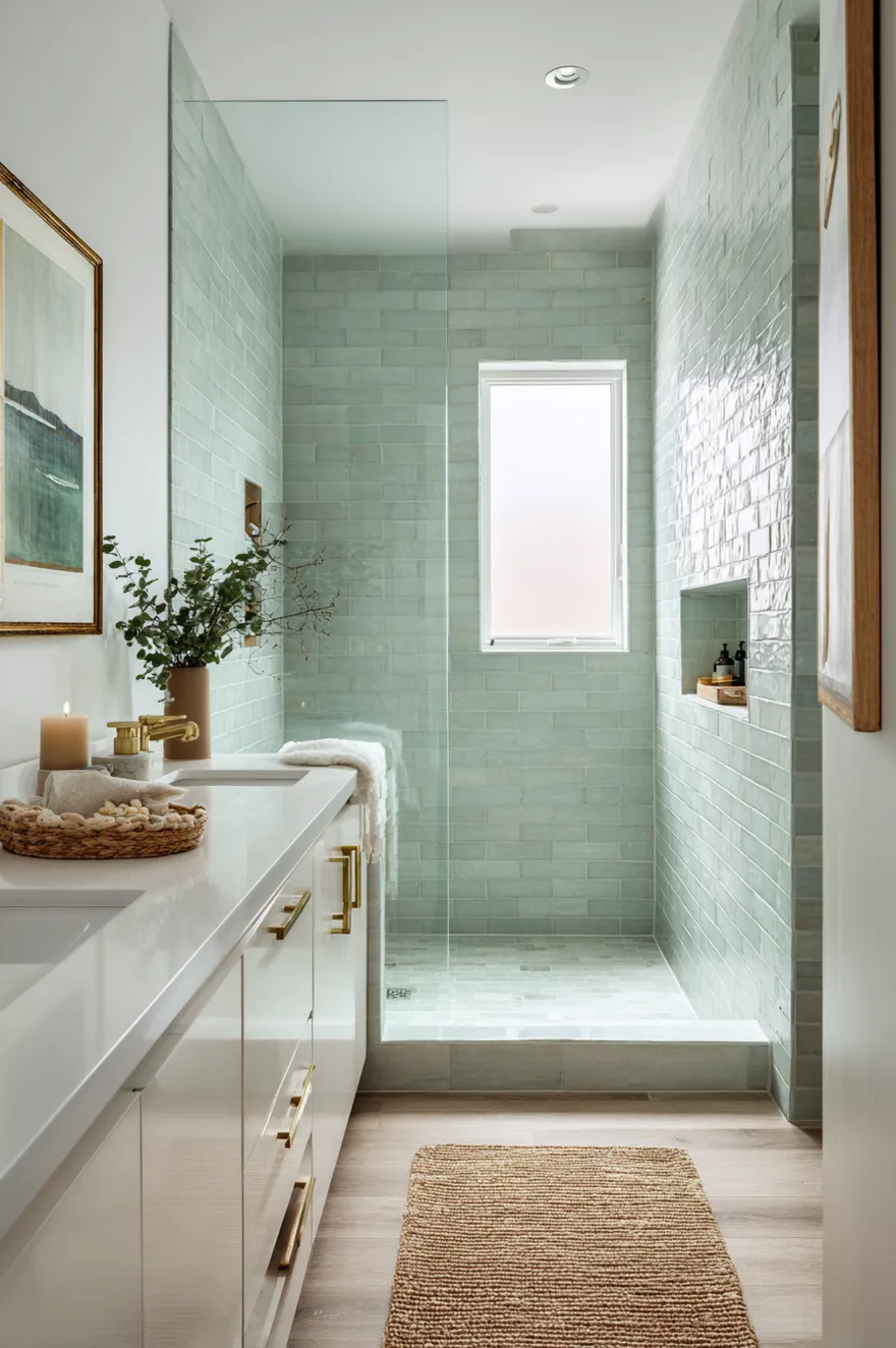 Continuous soft sage green wall-to-floor tile in a small spa bathroom with a frameless glass shower, white floating vanity, and brushed brass hardware.