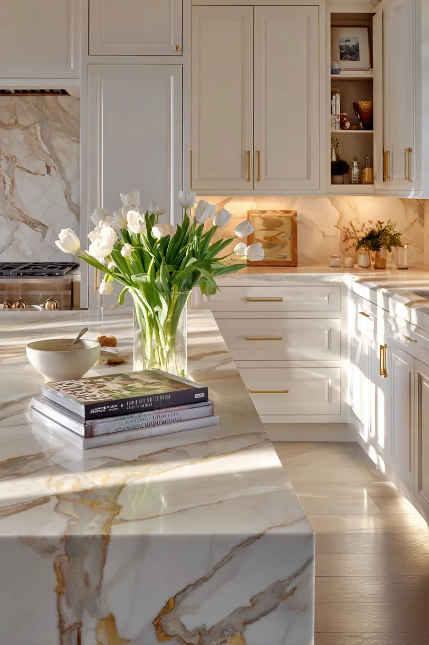 Honed Calacatta marble kitchen floor with visible veining at the island base, white painted cabinets, unlacquered brass hardware, and a vase of white tulips in warm evening lamplight.
