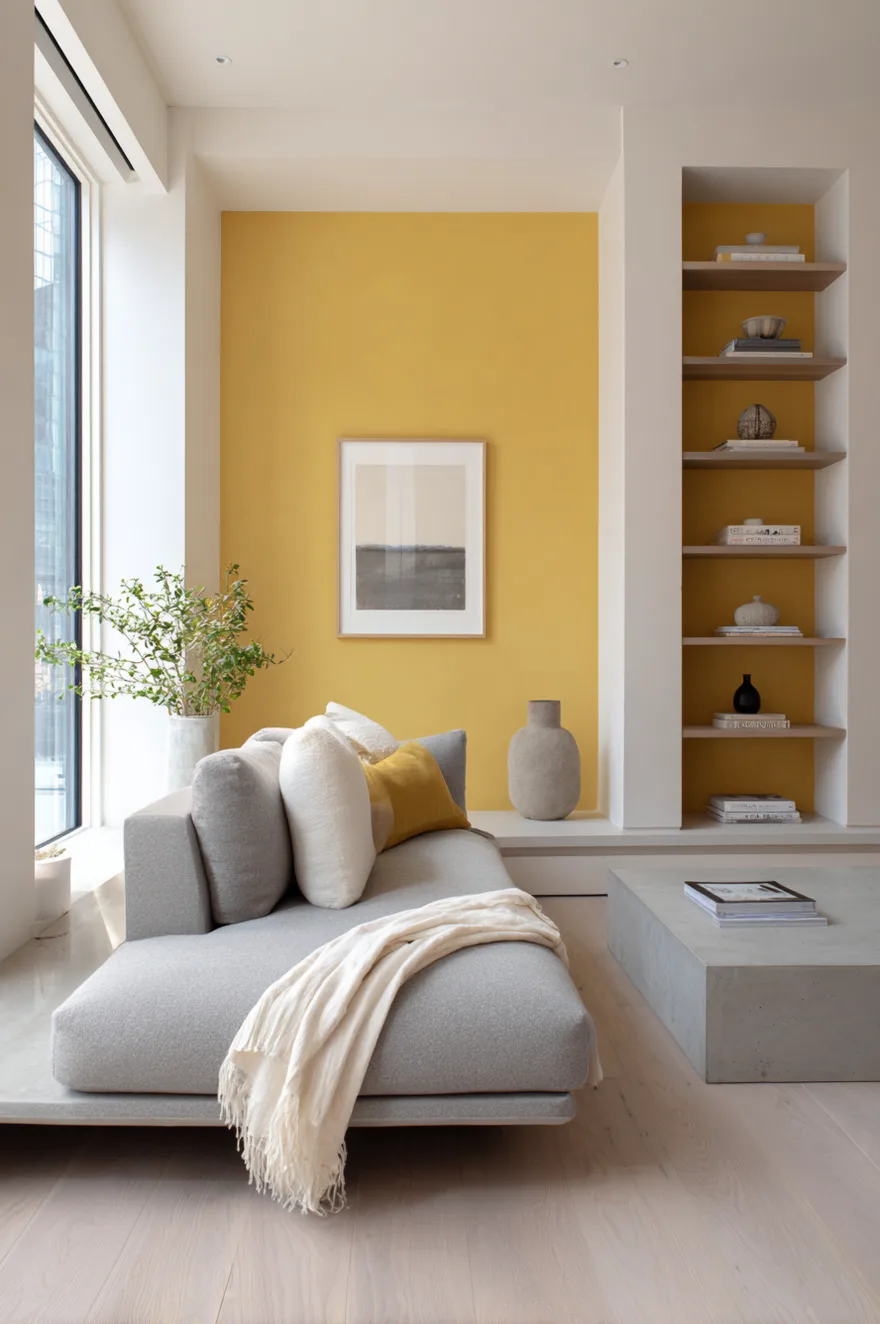 Saturated chrome yellow limewash accent wall behind a low-profile grey sofa with white oak shelving and a concrete coffee table in a minimal modern living room.