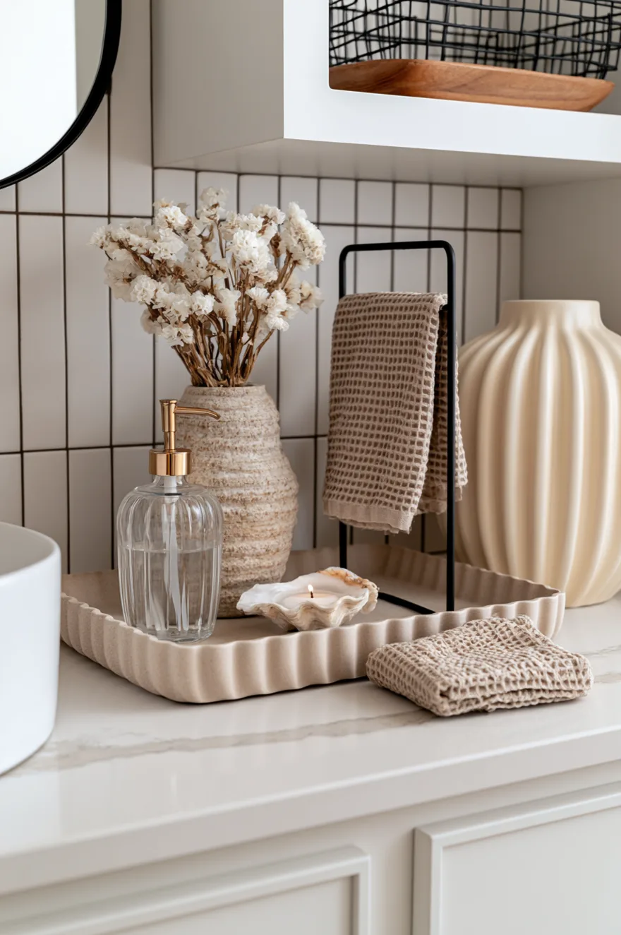 Cream scalloped ceramic tray on a marble counter against vertical thin white tile. The tray holds a ribbed clear glass soap dispenser, a textured beige vase with white dried flowers, a seashell tealight candle, and a black hand towel stand.