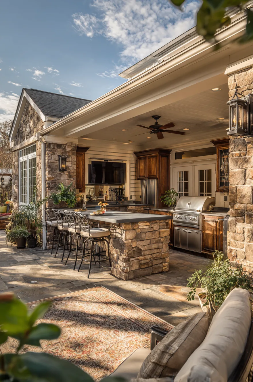Luxury outdoor kitchen on a covered flagstone patio with stacked stone cabinets, dark countertops, built-in grill, stainless steel refrigerator, overhead fan, and stone pillars.