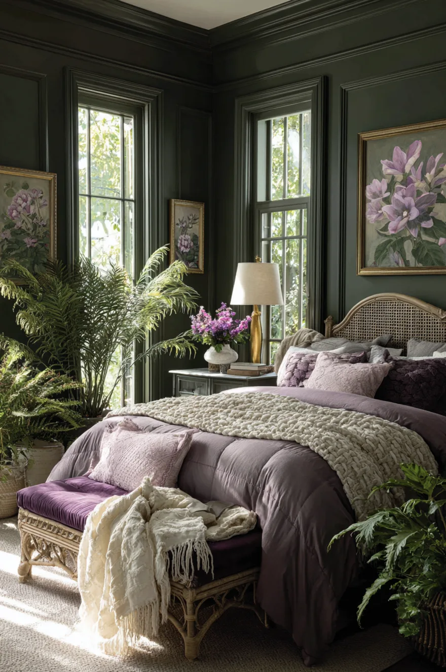 Deep forest green bedroom walls with molding, a rattan headboard, lilac and plum bedding, and large indoor ferns in the corner.