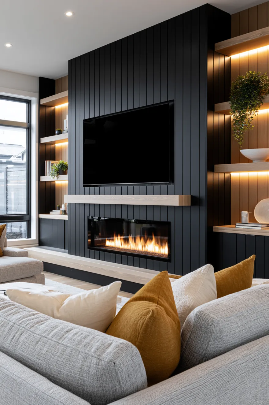 Built-in media unit with vertical black paneling framing a TV and gas fireplace flanked by warm wood alcoves with backlit floating shelves.