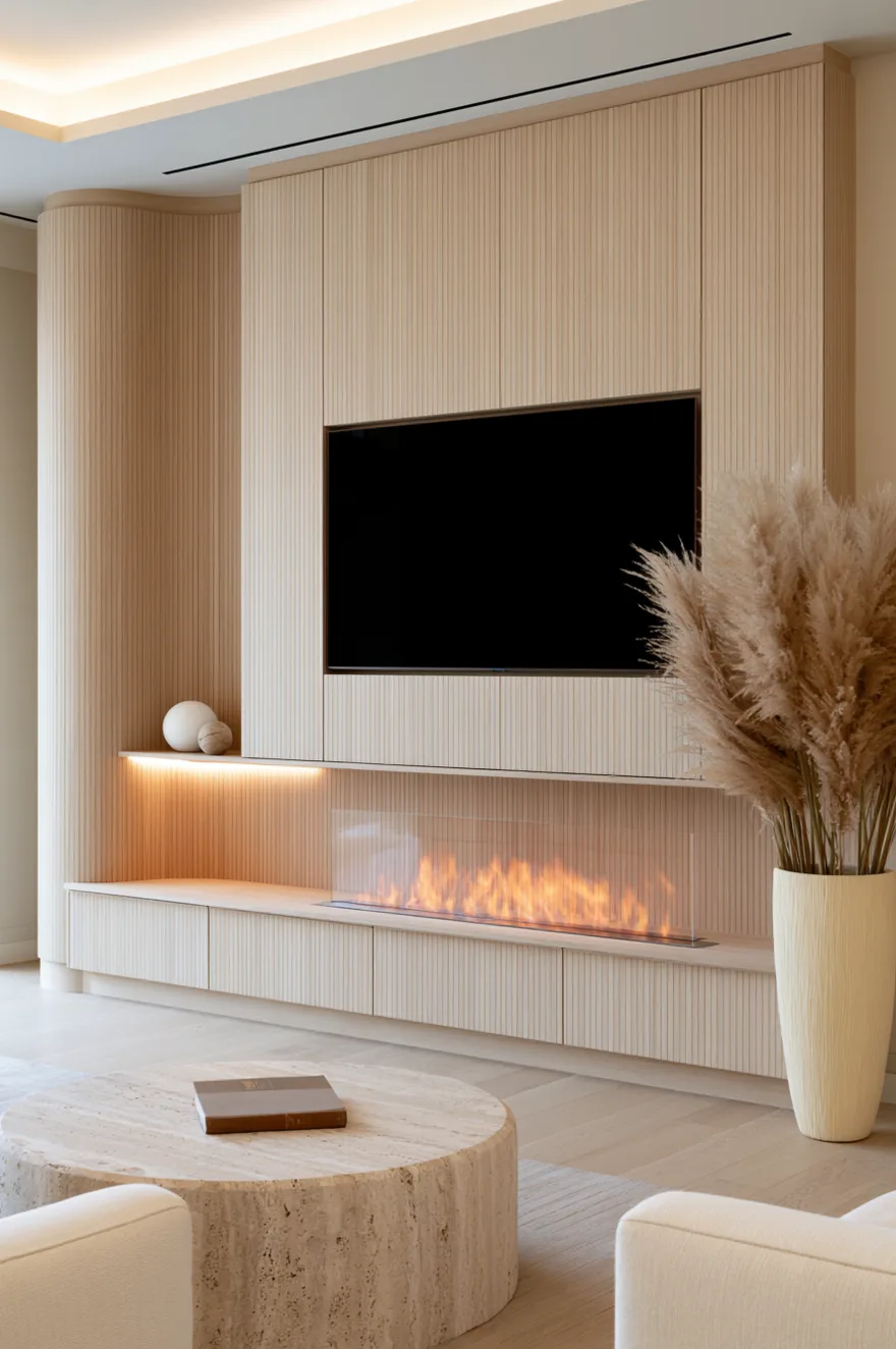 Luxury floor-to-ceiling fine-grained light wood veneer accent wall featuring a recessed flat screen television centered over an integrated linear bio-ethanol fireplace with a protective glass shield. The lower storage plinth is finished in matching light vertical wood slats. To the left, a built-out reeded plaster pillar features a small integrated floating shelf with warm LED under-lighting holding spherical ceramic sculptures. A large textured cream floor vase filled with tall fluffy pampas grass stands on the right. In the foreground sits a chunky round travertine coffee table and cream upholstery chairs.