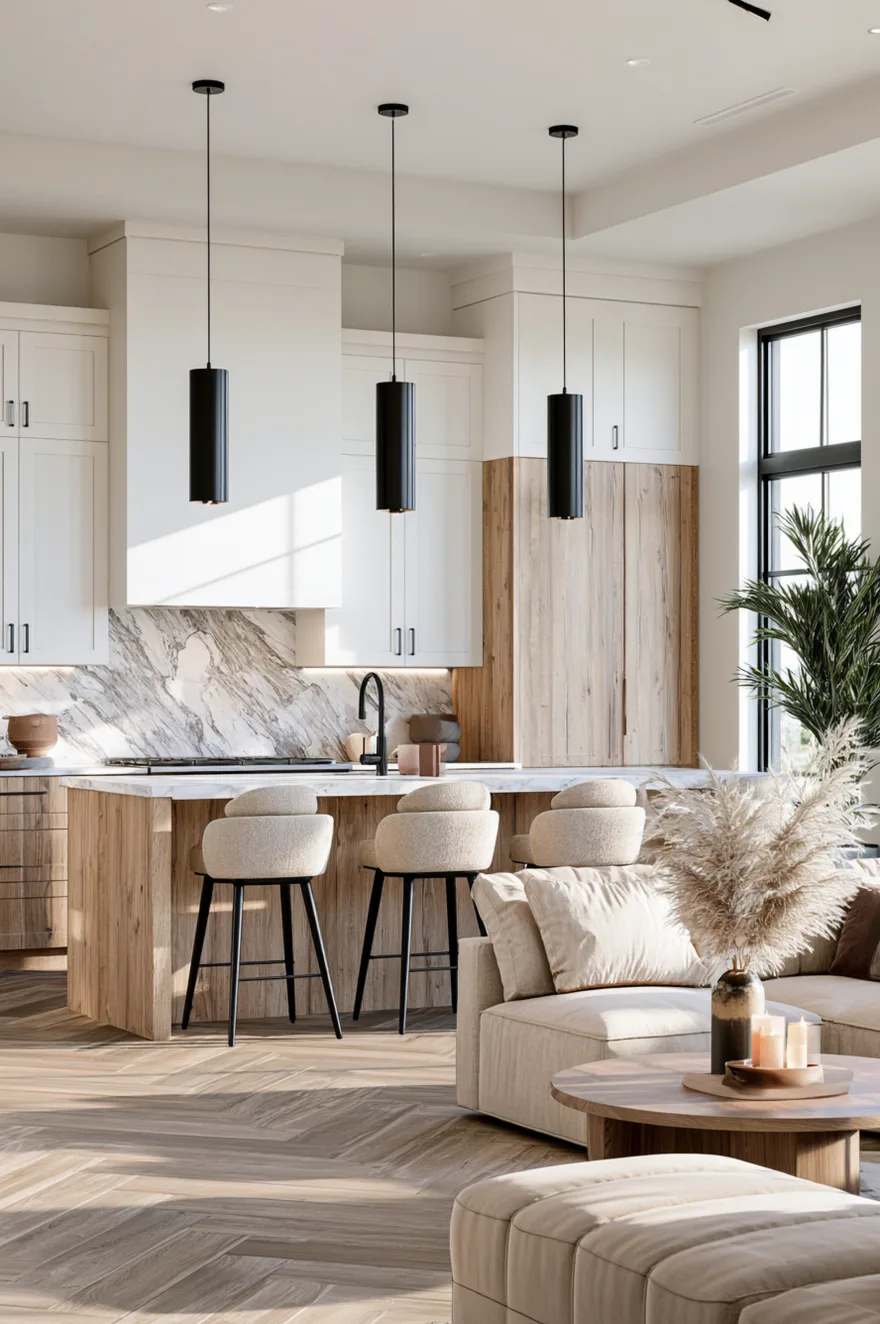 Open-concept kitchen featuring a dramatically veined marble slab backsplash, white upper cabinets, light wood lower cabinets, and matte black linear pendant lights.