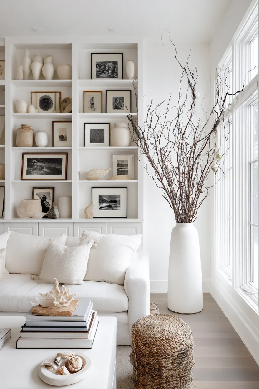 Bright living room featuring built-in white shelves styled with black and white art and a large vase with branches.