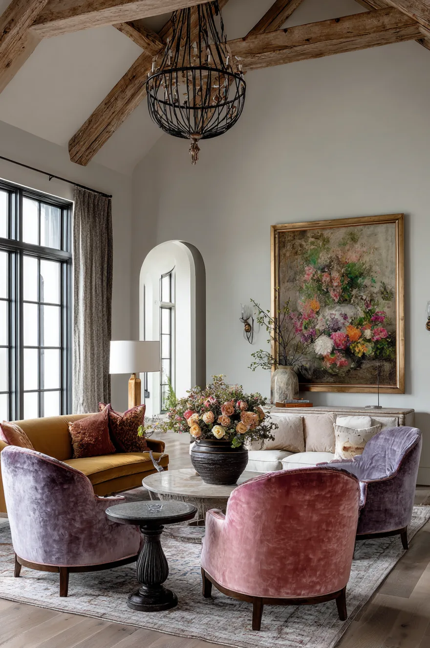 A sophisticated French country seating area featuring a circular arrangement of lavender and dusty rose velvet accent chairs. In the background, a large, ornate gold-framed painting of vibrant spring flowers sits on a white sideboard. The room is topped with high vaulted ceilings and rustic exposed wood beams, while a dark metal wire chandelier hangs in the center.