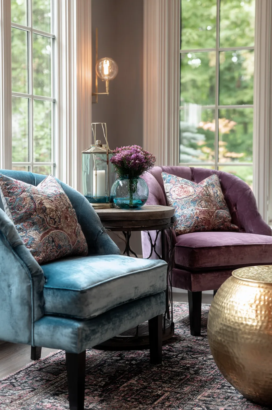 A close-up view of two plush velvet armchairs, one in seafoam blue and the other in deep purple, positioned by a bright window. The chairs are decorated with intricate paisley and floral patterned pillows. A small wooden side table sits between them holding a glass vase of purple flowers and a glass lantern, with a hammered gold stool in the foreground.