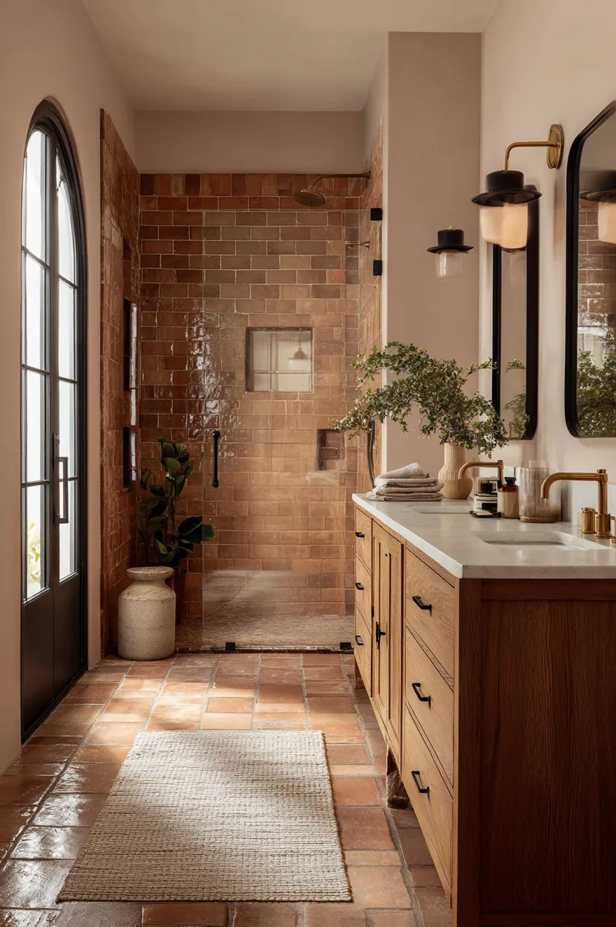 A warm-toned bathroom displaying a shower clad in glossy terracotta and amber tiles with black hardware, sitting adjacent to a natural wood double vanity with brass faucets and an arched doorway.