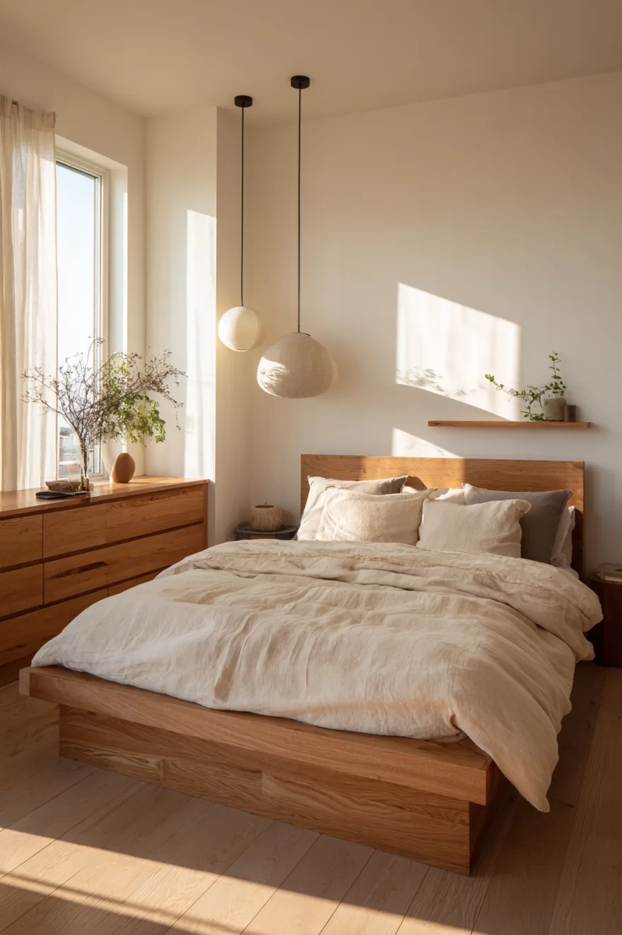 A minimalist bedroom with a simple, low light wood bed covered in rumpled beige and grey linen bedding. A long, matching wood dresser sits beneath a window with sheer curtains. Two varying-sized round paper lantern pendants hang from the ceiling near the bed, replacing traditional table lamps.