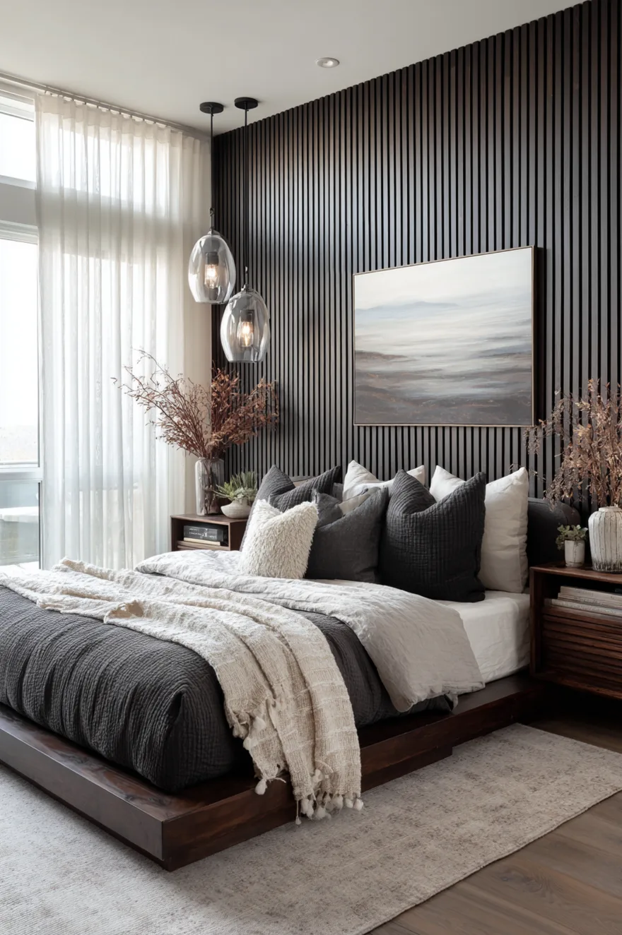 A bedroom featuring a dark black wood slat accent wall behind a dark wood platform bed with charcoal grey bedding, framed landscape art, and clear glass pendant lights.