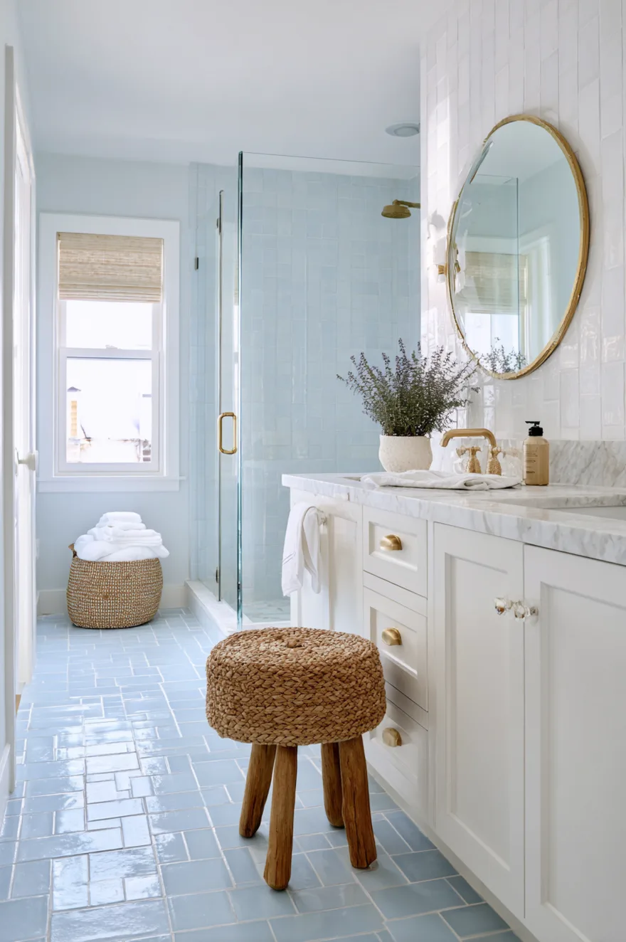 A stylish bathroom floor covered in muted blue patterned tiles, complemented by a white bathtub and brass plumbing fixtures.