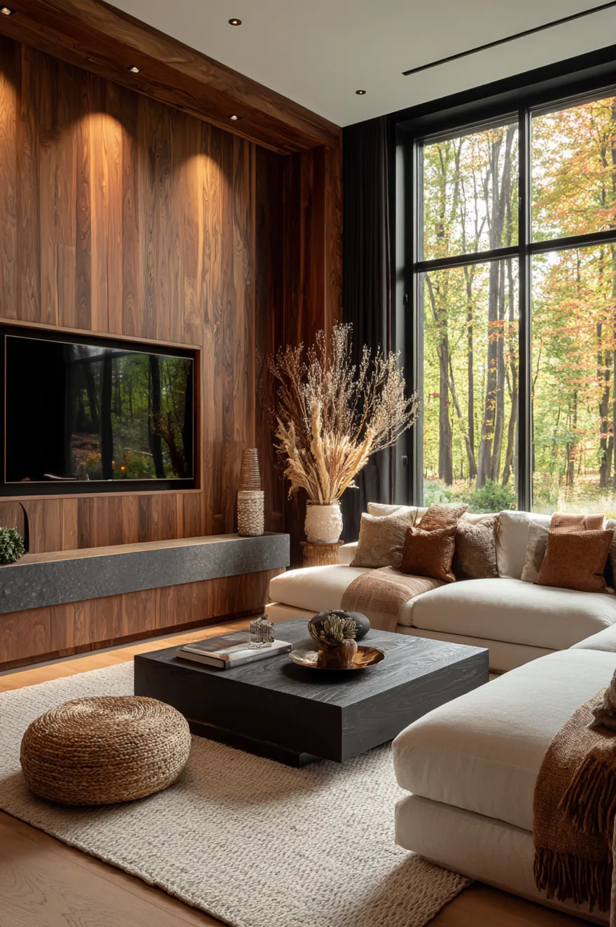 A living room setting with vertical natural wood wall panels behind a cream sofa decorated with brown pillows, paired with a dark wood rectangular coffee table.