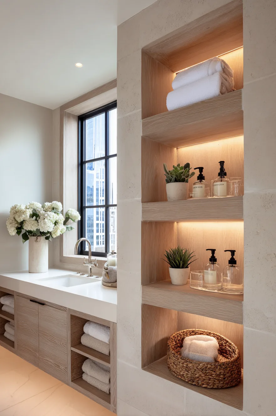 A vertical built-in recessed shelving unit within a bathroom wall, featuring a light wood finish. The four illuminated cubbies hold folded white towels, small potted plants, clear glass pump bottles, and a woven basket. A window with black framing and a white vanity with a white floral arrangement are visible to the left.