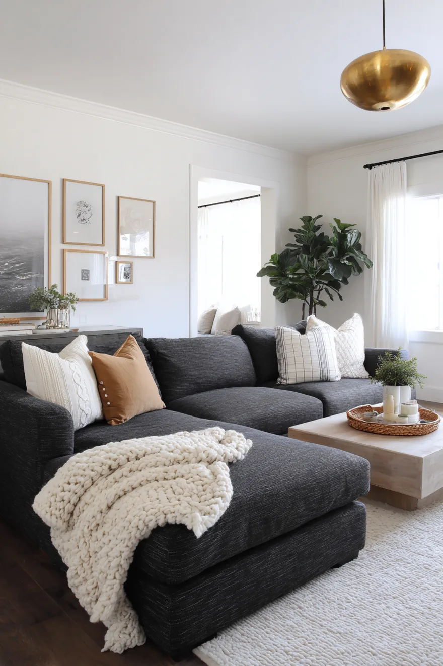 A dark charcoal grey sectional sofa styled with a thick white knit blanket and light pillows, paired with a square light wood coffee table and a bold gold dome pendant light.
