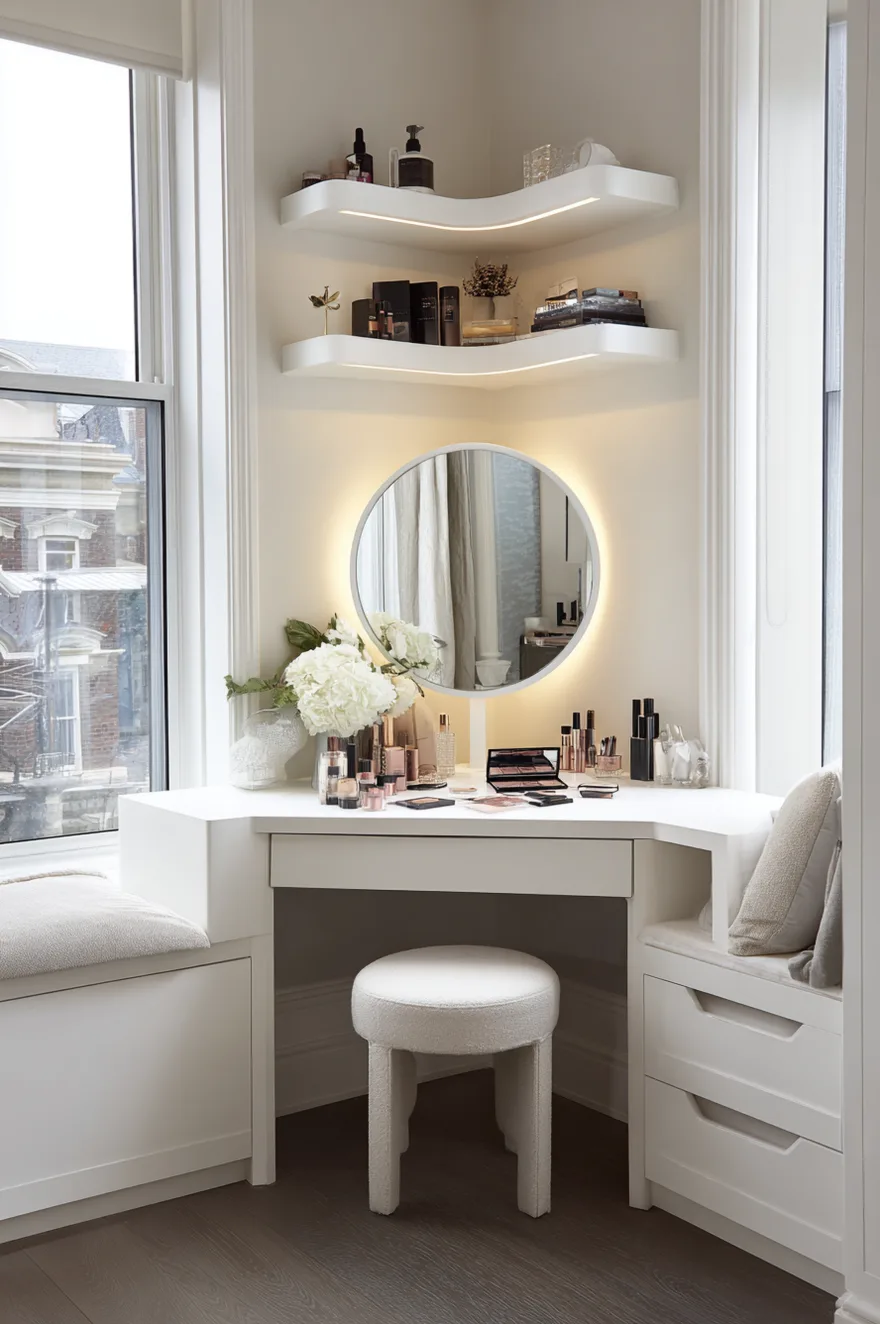 A White vanity custom-built into a Bedroom Corner between two windows. The desk features an angled top, a single drawer, and a small white textured stool. Flanking the desk are low window seats with built-in drawers. Above the desk, a round backlit mirror sits below two floating, curved shelves holding various beauty products.