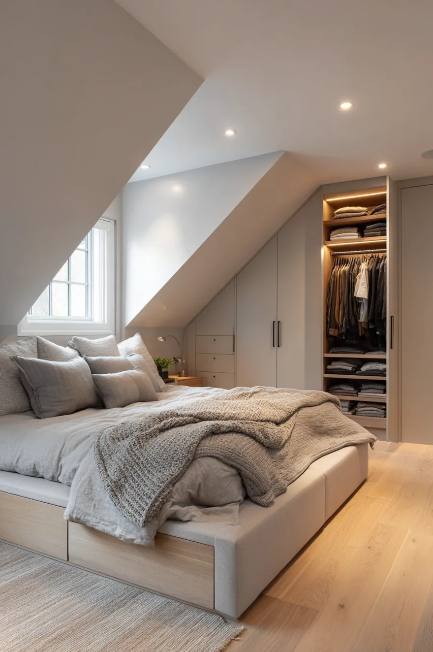A neutral-toned attic bedroom featuring a bed under a slanted ceiling with a small square window. The right side of the room features custom grey built-in wardrobes and an illuminated open closet section that perfectly follows the downward slope of the roofline.