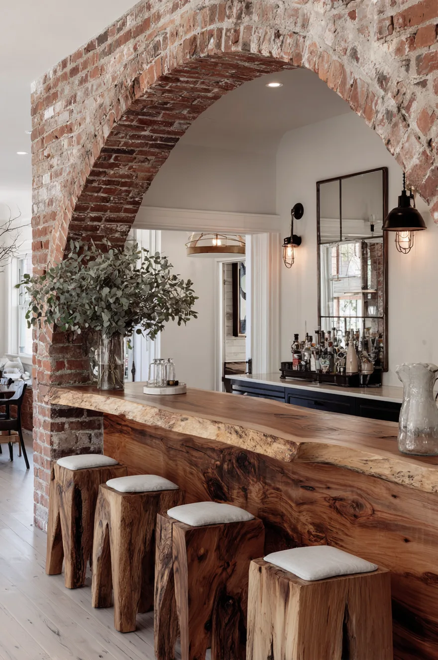 An exposed red brick archway featuring a thick live edge wood bar top and square wooden block stools with white cushions. A large glass vase filled with eucalyptus sits on the counter, framing a view into a bright kitchen space with a mirrored bar area.