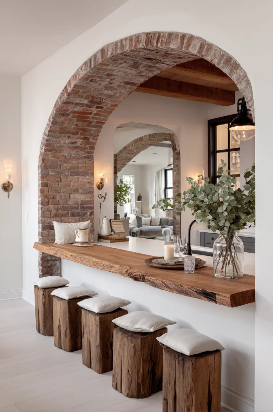 A white kitchen wall featuring an exposed brick archway that frames a long live edge wood breakfast bar. Five rustic wood block stools line the counter, with a large mirror, glass vase with greenery, and wall sconces adding decorative details to the space.