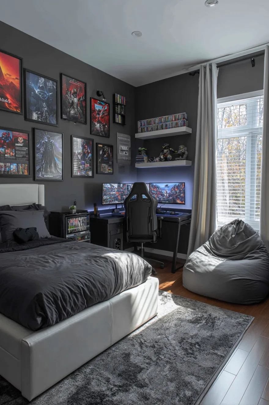 A dedicated gaming setup in a boys bedroom featuring a black desk with dual monitors, a black ergonomic gaming chair, and a backdrop of dark acoustic wall panels illuminated by warm LED strip lighting.