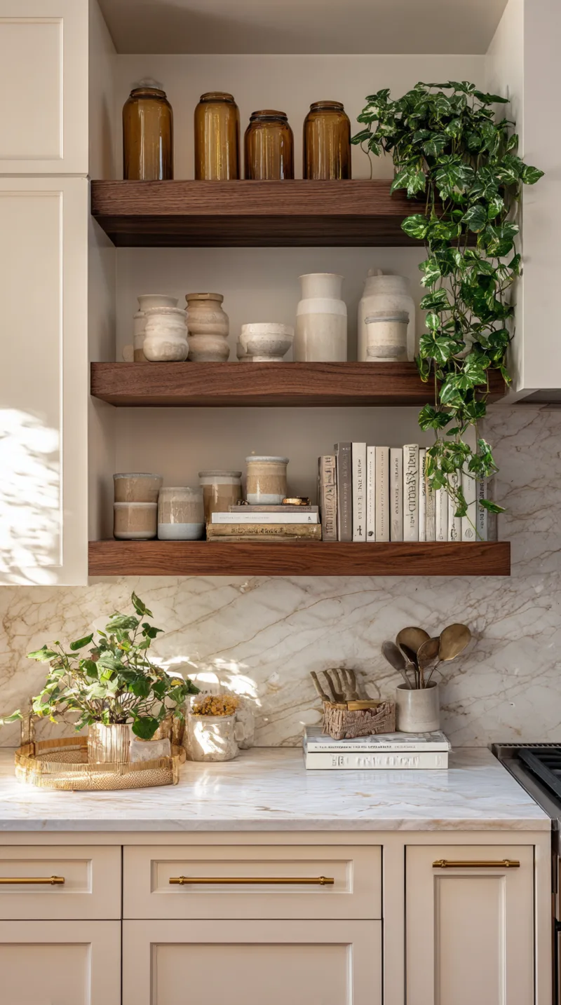 Styled open kitchen shelves made of dark wood featuring white ceramics and a trailing ivy plant.