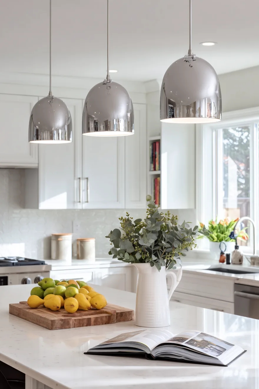 Dome shaped brushed nickel kitchen pendant lights over island pairing with stainless appliances.