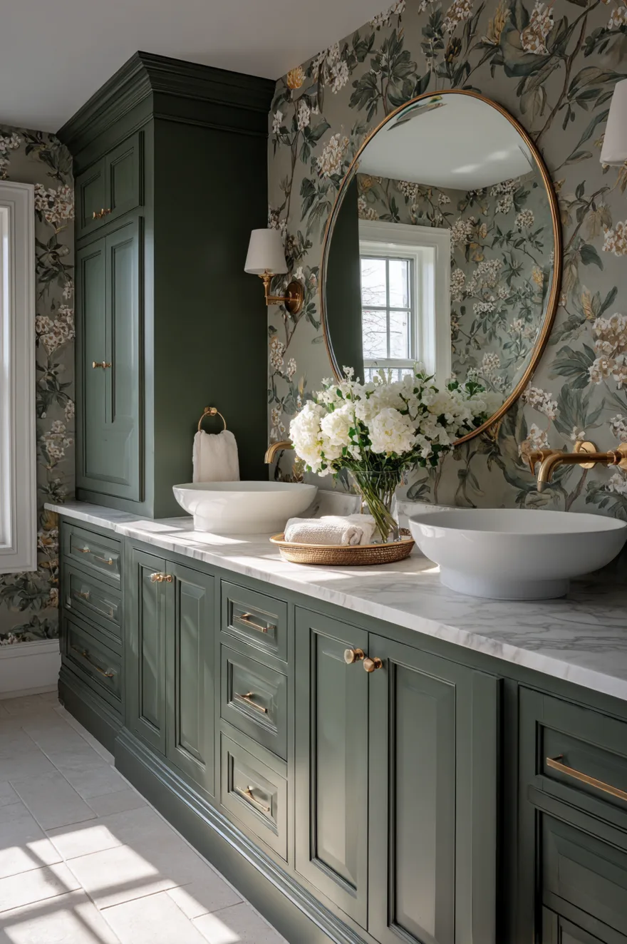 A luxurious bathroom featuring a dark green painted double vanity that includes a matching floor-to-ceiling center storage tower. The white marble countertop holds two white round vessel sinks with gold wall-mounted faucets. A round gold mirror hangs against a wall covered in elegant botanical floral wallpaper.