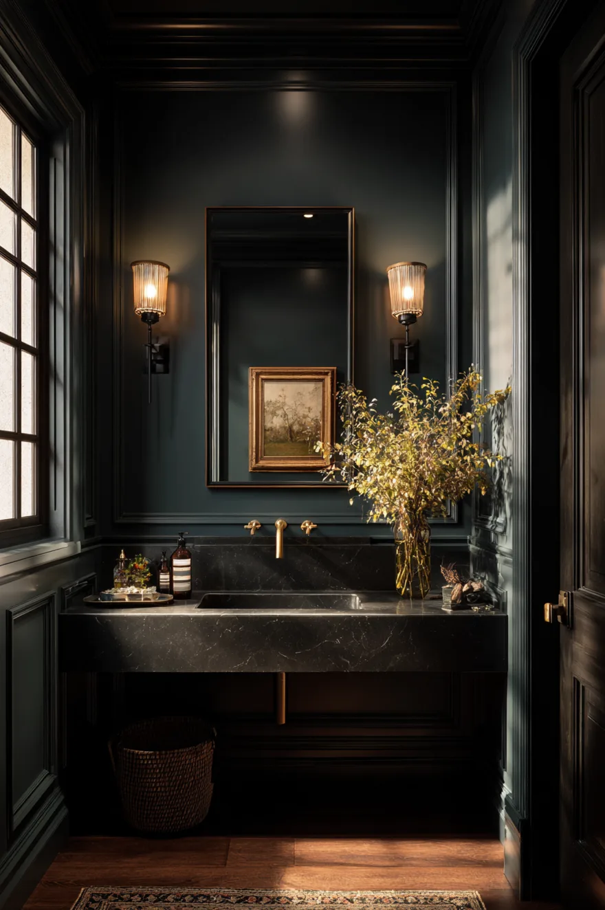 A moody powder room with dark forest green paneled walls, a black marble floating sink, a gold wall mounted faucet, brass sconces, and a vintage landscape painting.