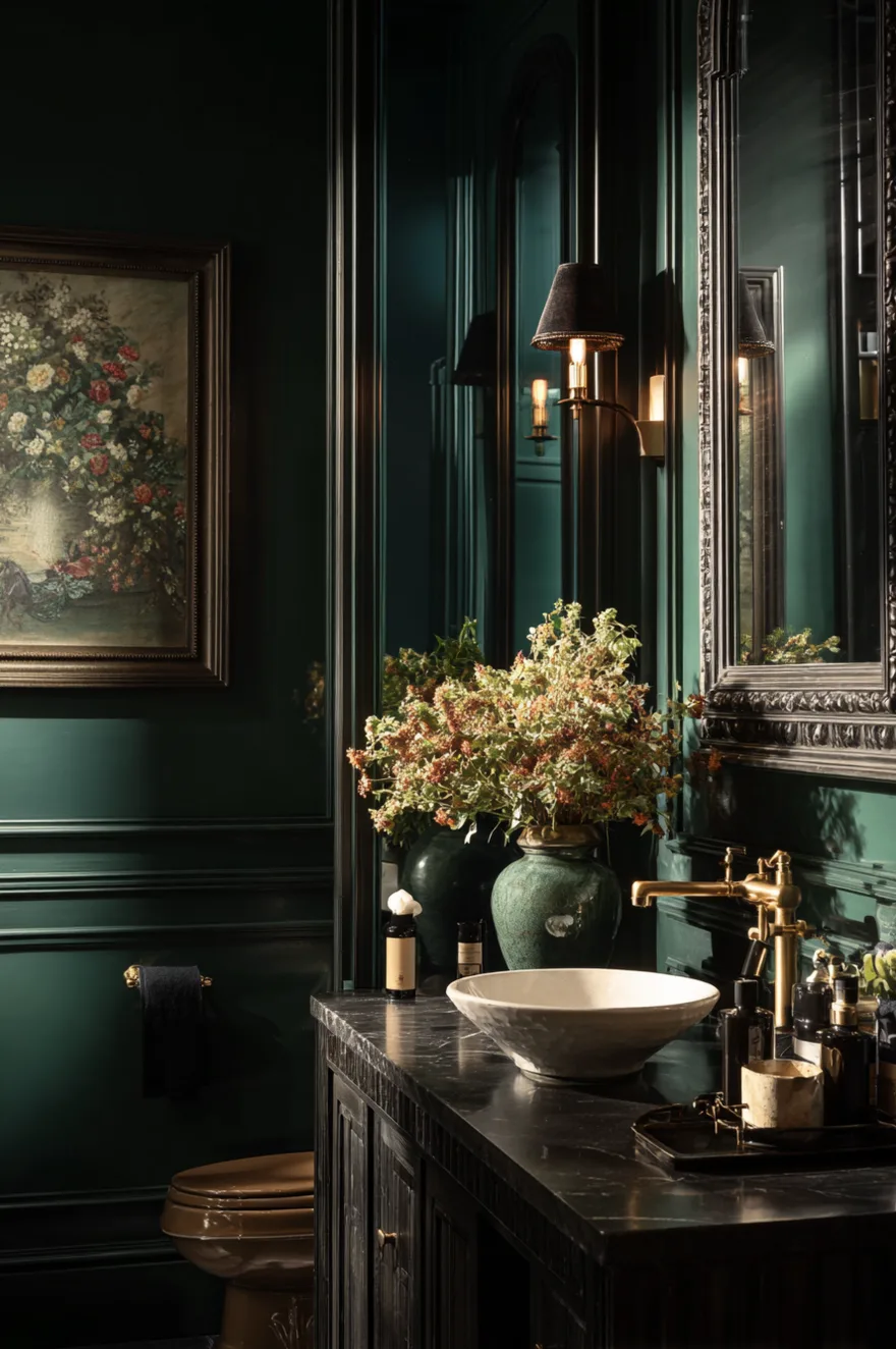 A dark bathroom showcasing forest green paneled walls, a black marble vanity with a white vessel sink, a gold faucet, and an ornate dark mirror.