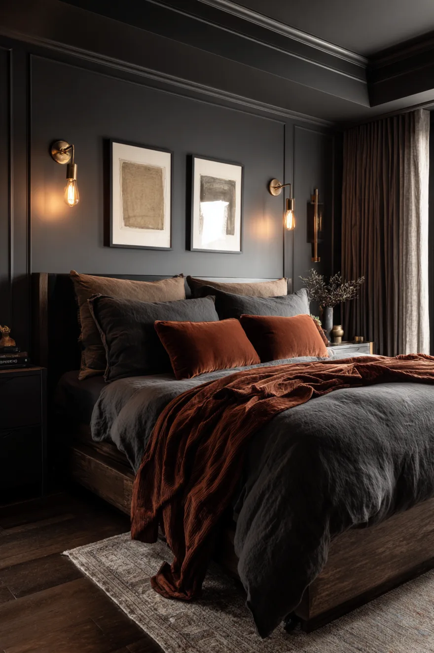 Moody master bedroom with dark charcoal paneled walls and a dark wood bed frame. The bed is dressed in dark grey linen sheets, accented with rust velvet pillows and a draped rust velvet blanket. Warm light glows from exposed bulb brass wall sconces flanking two framed abstract art pieces.