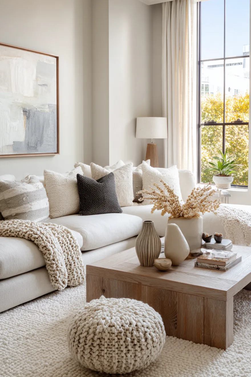 A highly textured cream bobble area rug anchoring a white sofa, a light wood coffee table, and a matching knitted pouf in a bright living room.