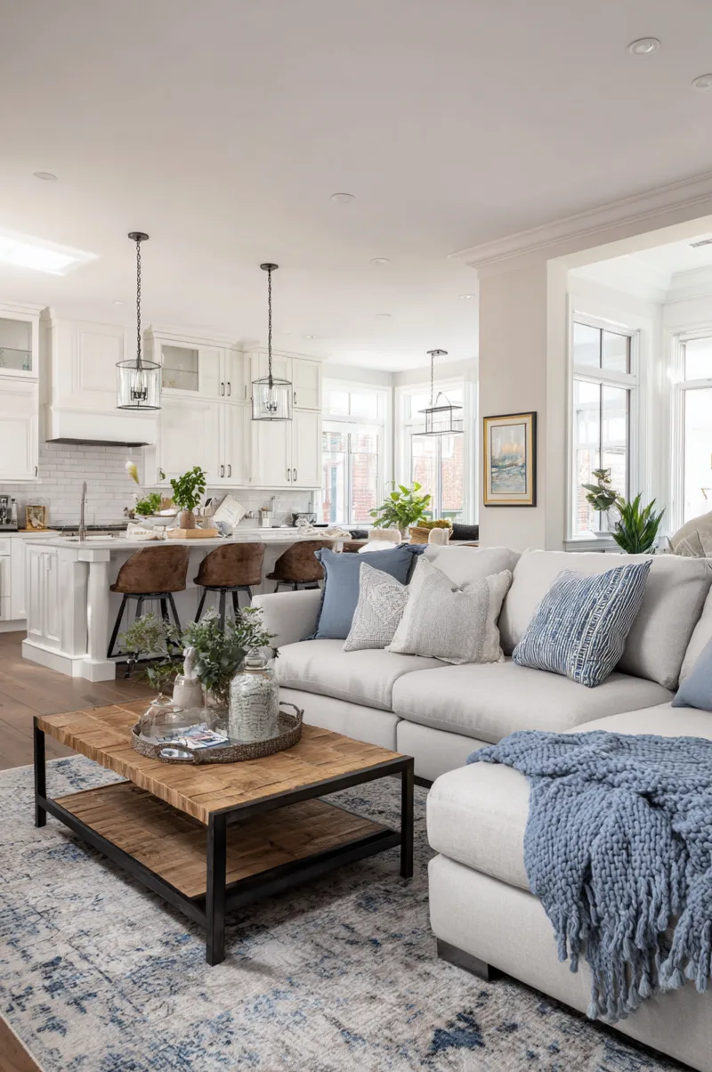 Open kitchen and living room concept with color cohesion featuring blue throw pillows that match the kitchen island tone.