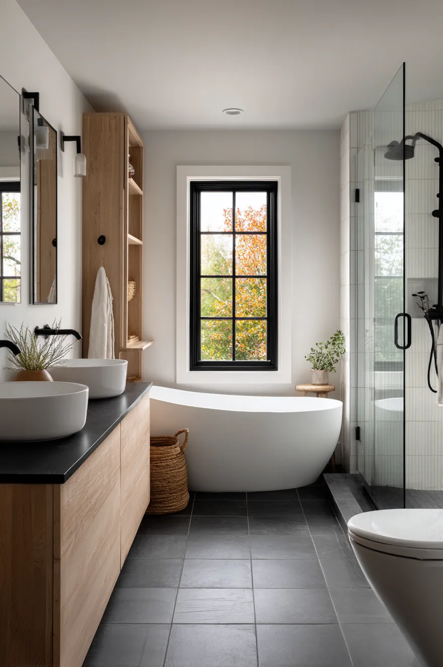 A modern bathroom featuring a white freestanding bathtub positioned beneath a black-framed window showing autumn foliage. To the right is a glass-enclosed shower with black fixtures and white vertical tile. To the left, a light wood double vanity with a black countertop holds two white vessel sinks.