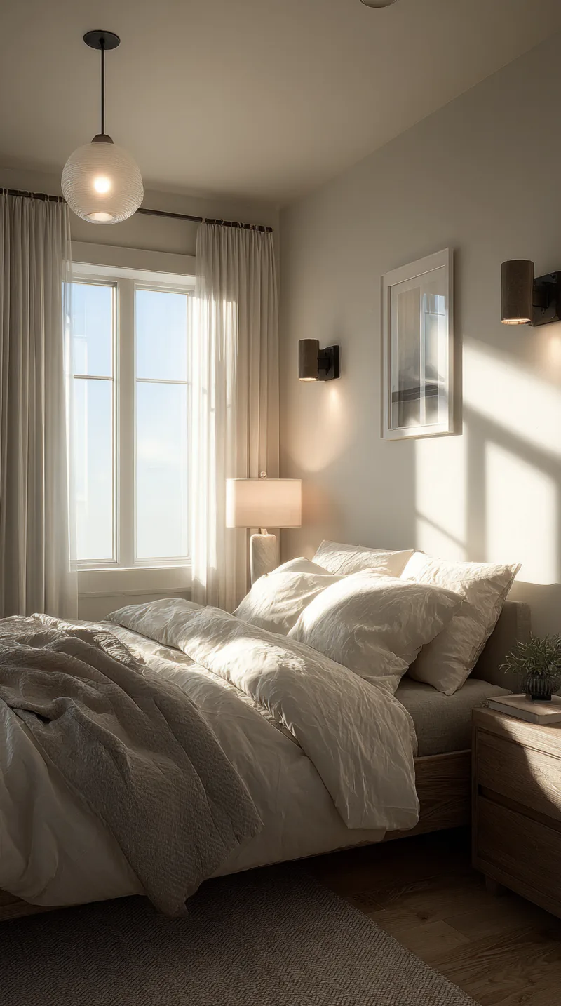 Small bedroom featuring layered lighting with wall sconces, a table lamp, and a pendant light.